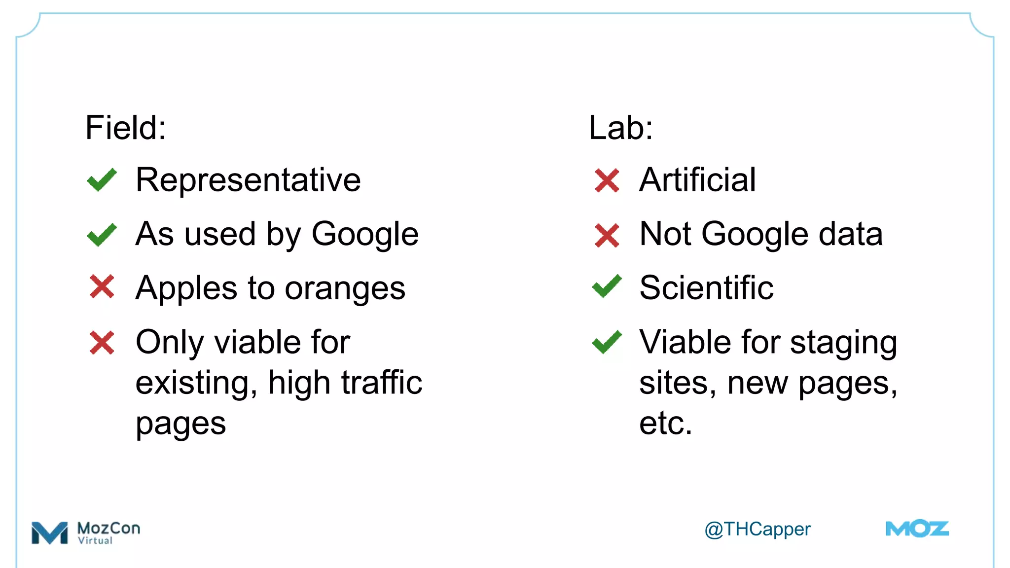 @THCapper
Field:
• Representative
• As used by Google
• Apples to oranges
• Only viable for
existing, high traffic
pages
Lab:
 Artificial
 Not Google data
 Scientific
 Viable for staging
sites, new pages,
etc.
 