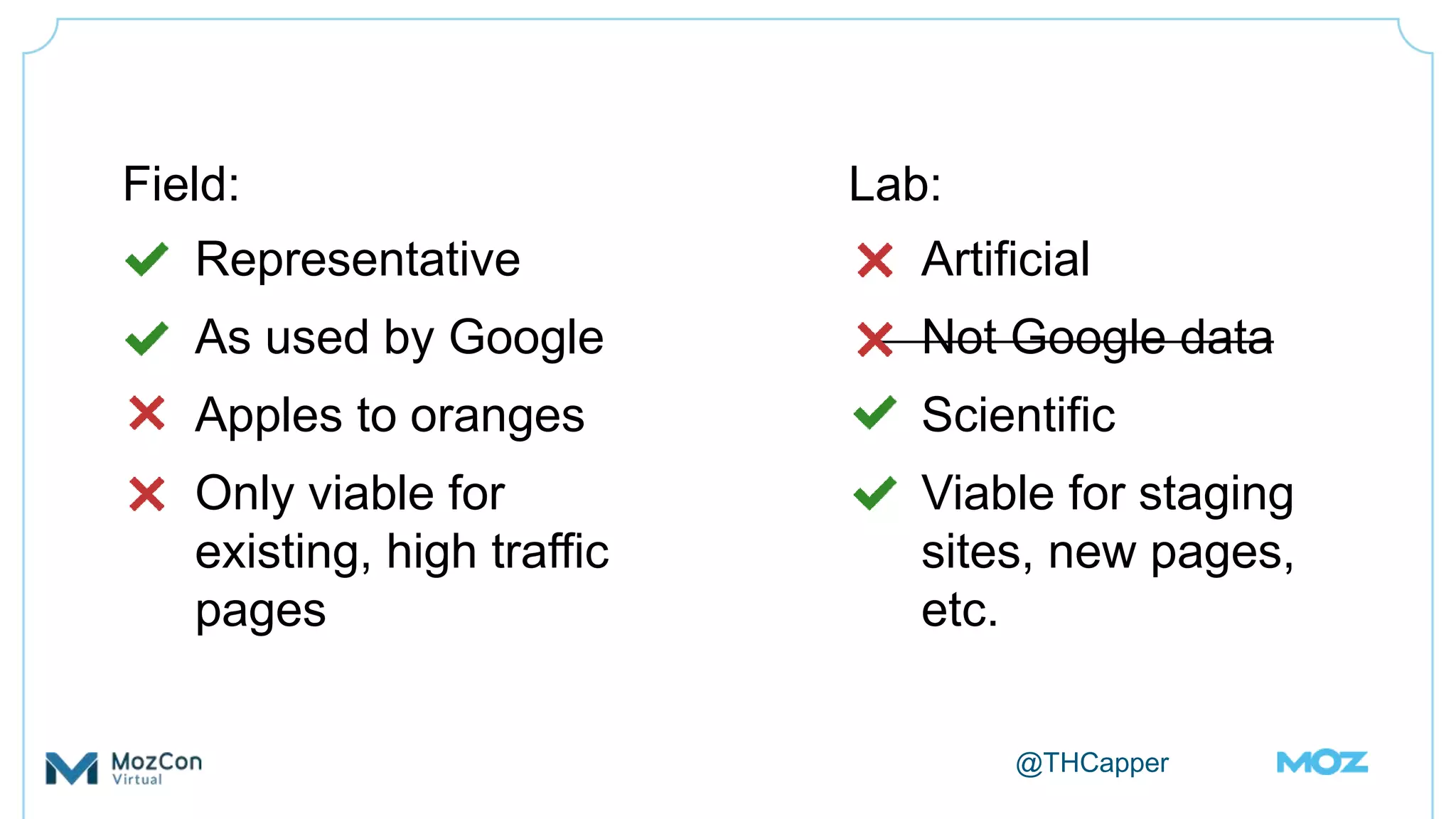 @THCapper
Field:
 Representative
 As used by Google
 Apples to oranges
 Only viable for
existing, high traffic
pages
Lab:
 Artificial
 Not Google data
 Scientific
 Viable for staging
sites, new pages,
etc.
 