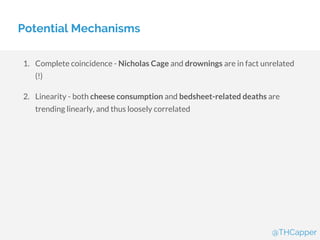 Potential Mechanisms
1. Complete coincidence - Nicholas Cage and drownings are in fact unrelated
(!)
2. Linearity - both cheese consumption and bedsheet-related deaths are
trending linearly, and thus loosely correlated
@THCapper
 