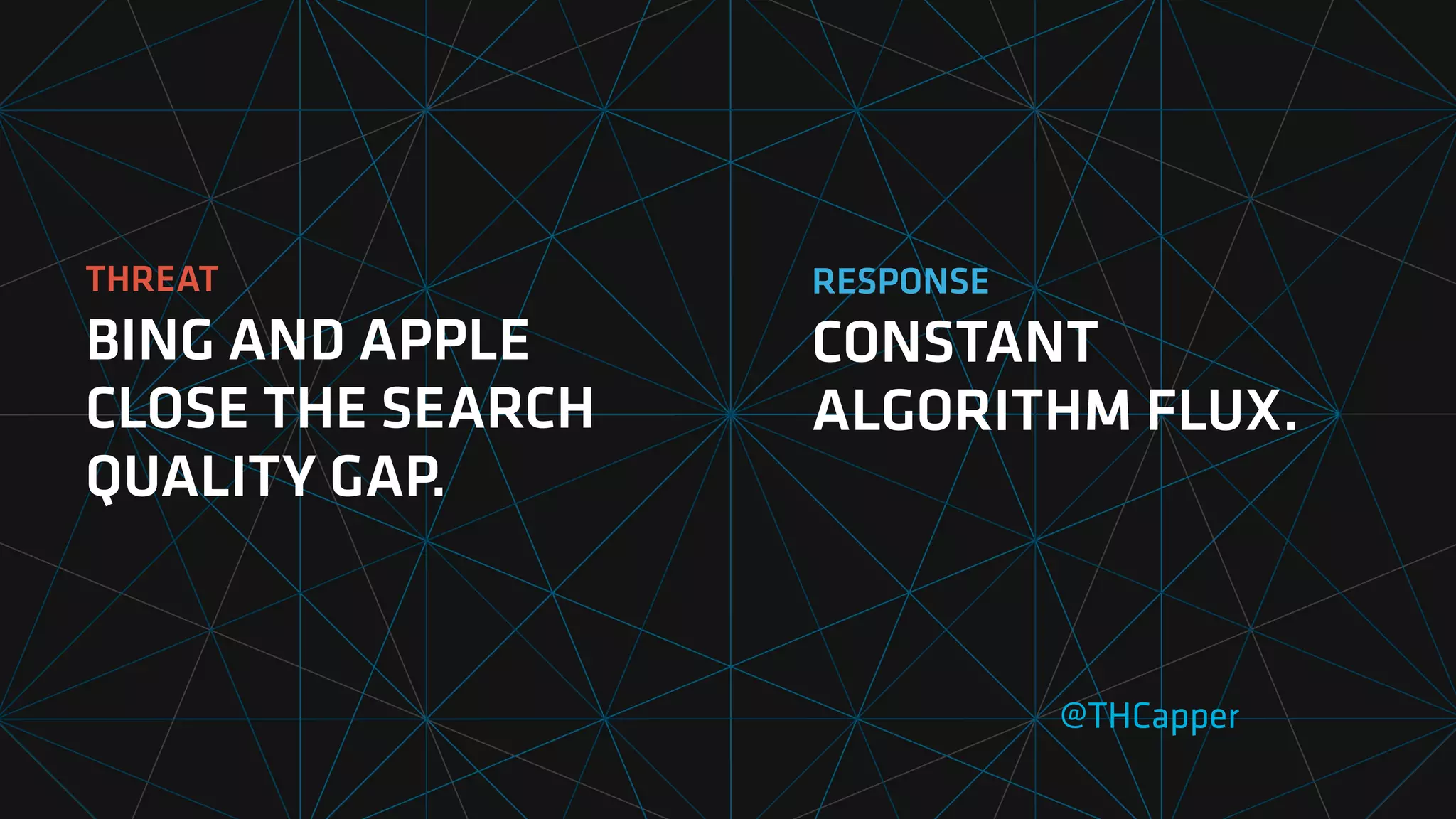 THREAT
BING AND APPLE
CLOSE THE SEARCH
QUALITY GAP.
@THCapper
RESPONSE
CONSTANT
ALGORITHM FLUX.
 
