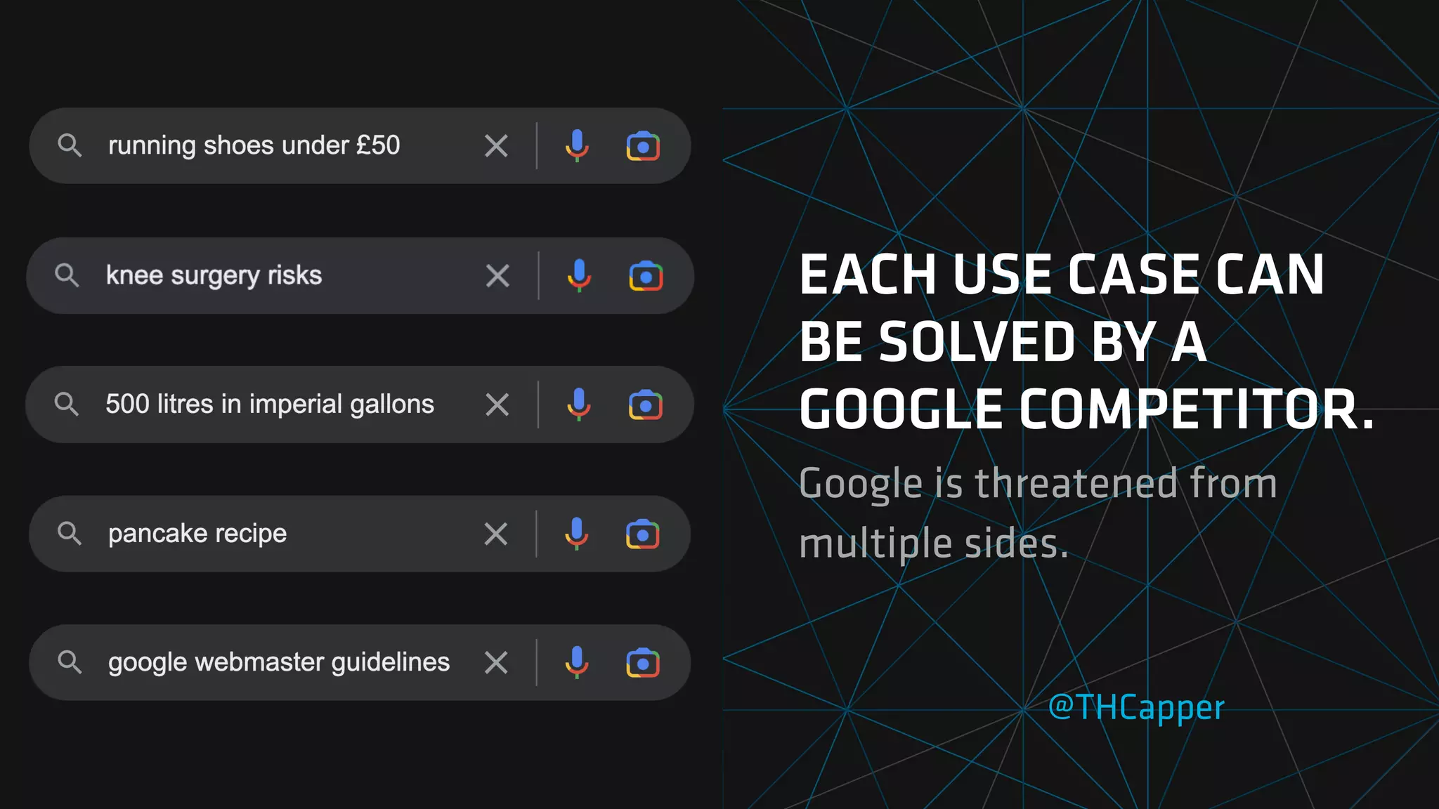 @THCapper
EACH USE CASE CAN
BE SOLVED BY A
GOOGLE COMPETITOR.
Google is threatened from
multiple sides.
 