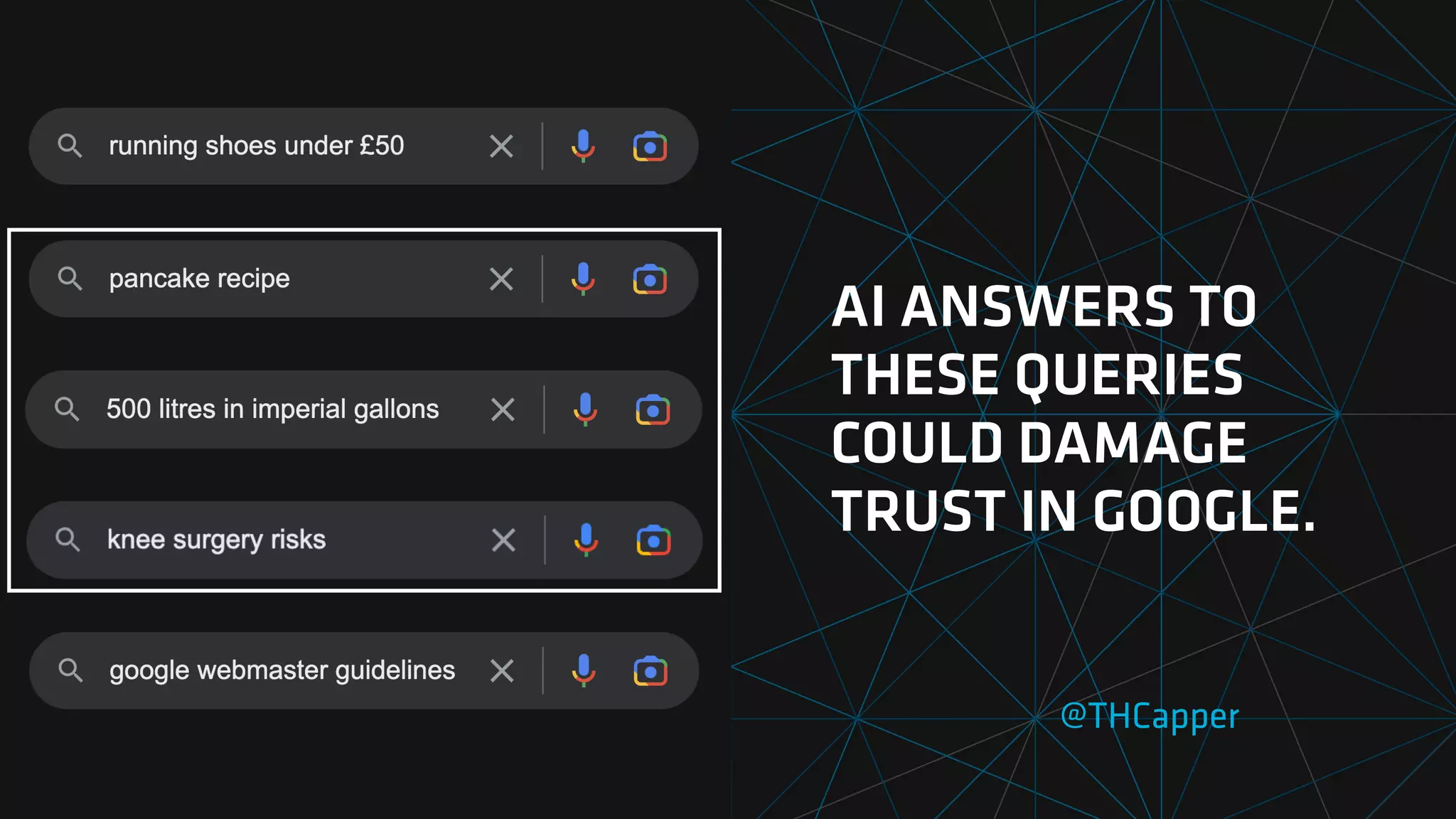 @THCapper
AI ANSWERS TO
THESE QUERIES
COULD DAMAGE
TRUST IN GOOGLE.
 