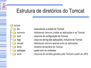 Estrutura de diretórios do Tomcat bin : executáveis e scripts do Tomcat tomcat common : bibliotecas comuns a todas as aplicações e ao Tomcat shared : bibliotecas comuns apenas entre as aplicações  logs : arquivos de log das aplicações, inclusive do Tomcat  temp  : diretório temporário do Tomcat webapps  : pasta com os contextos work : arquivos de servlets gerados pelo Tomcat a partir de JSPs conf : arquivos de configuração do Tomcat   