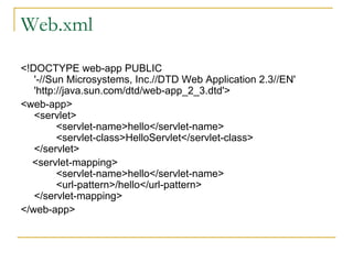 Web.xml 
<!DOCTYPE web-app PUBLIC 
'-//Sun Microsystems, Inc.//DTD Web Application 2.3//EN' 
'http://java.sun.com/dtd/web-app_2_3.dtd'> 
<web-app> 
<servlet> 
<servlet-name>hello</servlet-name> 
<servlet-class>HelloServlet</servlet-class> 
</servlet> 
<servlet-mapping> 
<servlet-name>hello</servlet-name> 
<url-pattern>/hello</url-pattern> 
</servlet-mapping> 
</web-app> 