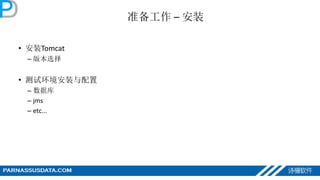 准备工作 – 安装
• 安装Tomcat
– 版本选择
• 测试环境安装与配置
– 数据库
– jms
– etc...
 