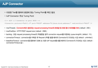 AJP Connector

        • 다양한 Test를 통하여 환경에 맞는 Tuning Point를 확인 필요
        • AJP Connector 주요 Tuning Point

        <!-- AJP 1.3 Connector on port 8009 -->
        <Connector protocol="AJP/1.3" port="8009" address="${jboss.bind.address}“ redirectPort="8443" />


        • maxThreads : Connector에서 생성되는 request processing thread의 최대값 및 최대 동시 처리량을 의미.( default : 200 )
        • maxPostSize : HTTP POST request size ( default : 2MB )
        • backlog : 모든 request processing thread가 작동중일 경우 connection request를 저장하는 queue lenghth ( defalut : 10 )
        • connectionTimeout : connection을 수락한 후 Request URI을 받을 때까지 Connector가 기다리는 시간 default : unlimited )
        • keepAliveTimeout : connection을 종료하기 전에 또 다른 AJP request를 받을 때까지 Connector가 기다리는 시간 ( default :
          connectionTimeout 값 )




Copyright 2012 , Open Source Consulting, Inc. All Right Reserved   15
 