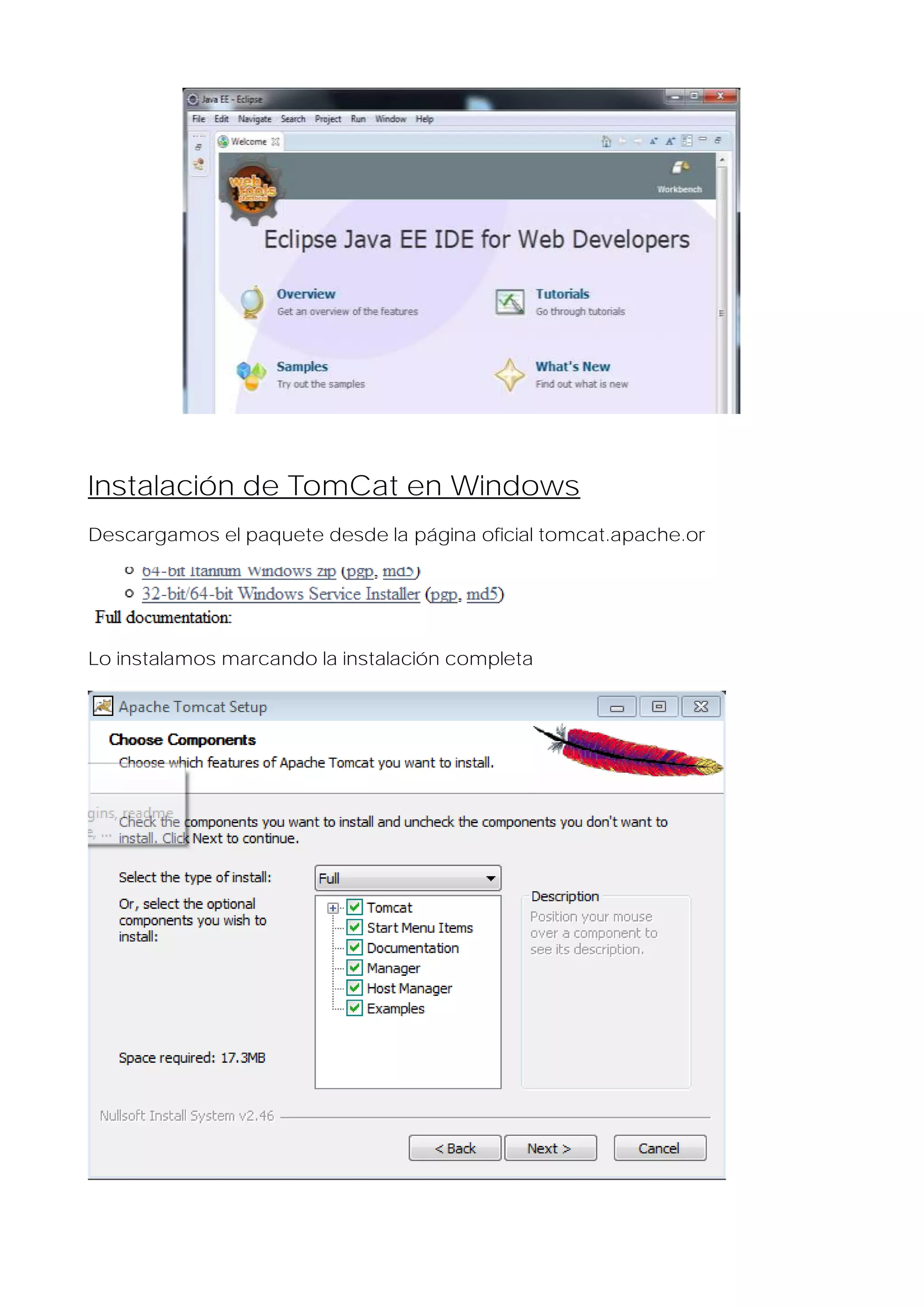 Instalación de TomCat en Windows
Descargamos el paquete desde la página oficial tomcat.apache.or

Lo instalamos marcando la instalación completa

 
