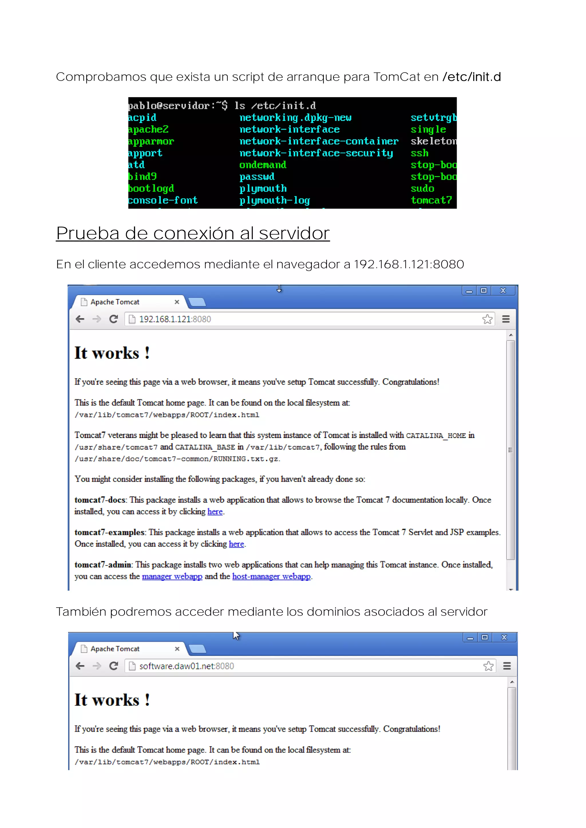 Comprobamos que exista un script de arranque para TomCat en /etc/init.d

Prueba de conexión al servidor
En el cliente accedemos mediante el navegador a 192.168.1.121:8080

También podremos acceder mediante los dominios asociados al servidor

 