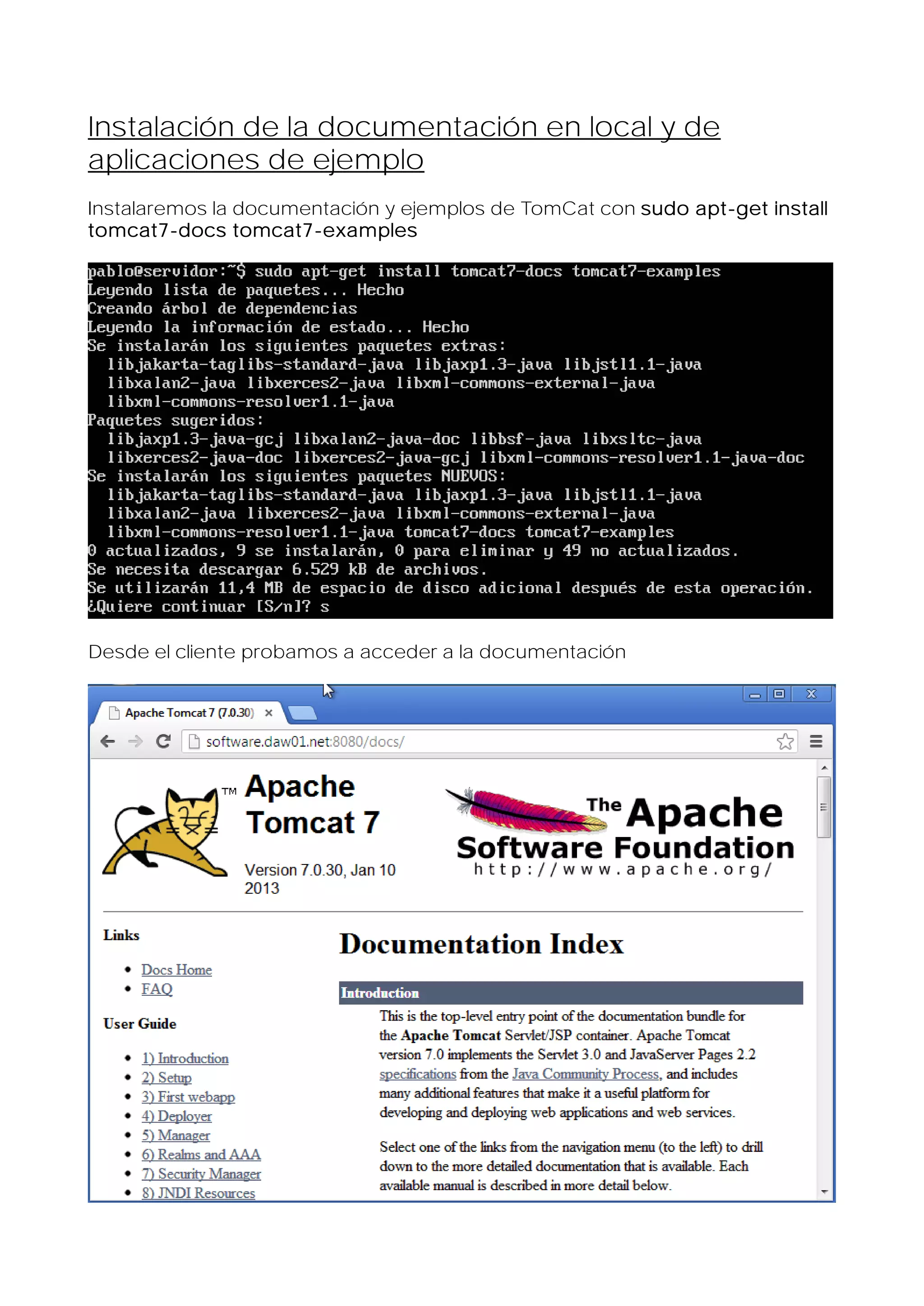 Instalación de la documentación en local y de
aplicaciones de ejemplo
Instalaremos la documentación y ejemplos de TomCat con sudo apt-get install
tomcat7-docs tomcat7-examples

Desde el cliente probamos a acceder a la documentación

 