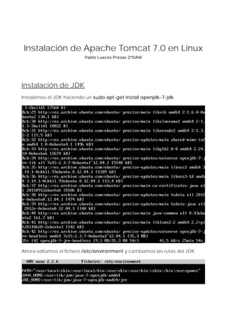 Instalación de Apache Tomcat 7.0 en Linux
Pablo Luaces Presas 2ºDAW

Instalación de JDK
Instalamos el JDK haciendo un sudo apt-get install openjdk-7-jdk

Ahora editamos el fichero /etc/environment y cambiamos las rutas del JDK

 
