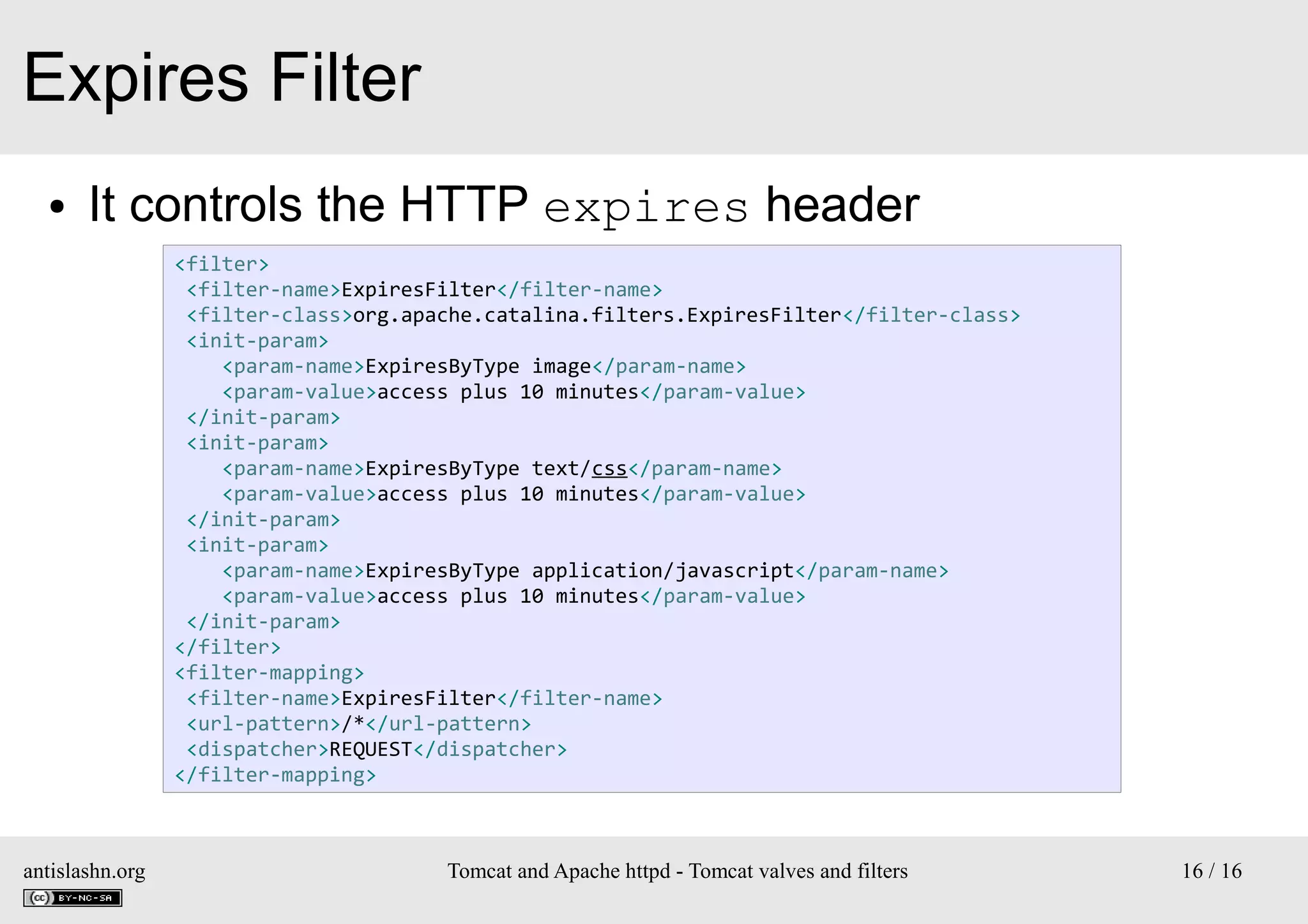 Expires Filter
●

It controls the HTTP expires header
<filter>
<filter-name>ExpiresFilter</filter-name>
<filter-class>org.apache.catalina.filters.ExpiresFilter</filter-class>
<init-param>
<param-name>ExpiresByType image</param-name>
<param-value>access plus 10 minutes</param-value>
</init-param>
<init-param>
<param-name>ExpiresByType text/css</param-name>
<param-value>access plus 10 minutes</param-value>
</init-param>
<init-param>
<param-name>ExpiresByType application/javascript</param-name>
<param-value>access plus 10 minutes</param-value>
</init-param>
</filter>
<filter-mapping>
<filter-name>ExpiresFilter</filter-name>
<url-pattern>/*</url-pattern>
<dispatcher>REQUEST</dispatcher>
</filter-mapping>

antislashn.org

Tomcat and Apache httpd - Tomcat valves and filters

16 / 16

 