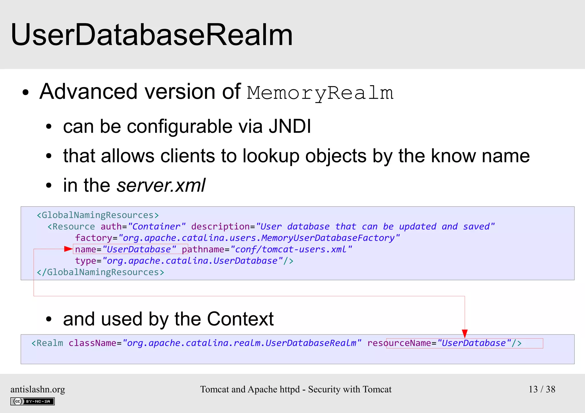 UserDatabaseRealm
●

Advanced version of MemoryRealm
●

can be configurable via JNDI

●

that allows clients to lookup objects by the know name

●

in the server.xml

<GlobalNamingResources>
<Resource auth="Container" description="User database that can be updated and saved"
factory="org.apache.catalina.users.MemoryUserDatabaseFactory"
name="UserDatabase" pathname="conf/tomcat-users.xml"
type="org.apache.catalina.UserDatabase"/>
</GlobalNamingResources>

●

and used by the Context

<Realm className="org.apache.catalina.realm.UserDatabaseRealm" resourceName="UserDatabase"/>

antislashn.org

Tomcat and Apache httpd - Security with Tomcat

13 / 38

 