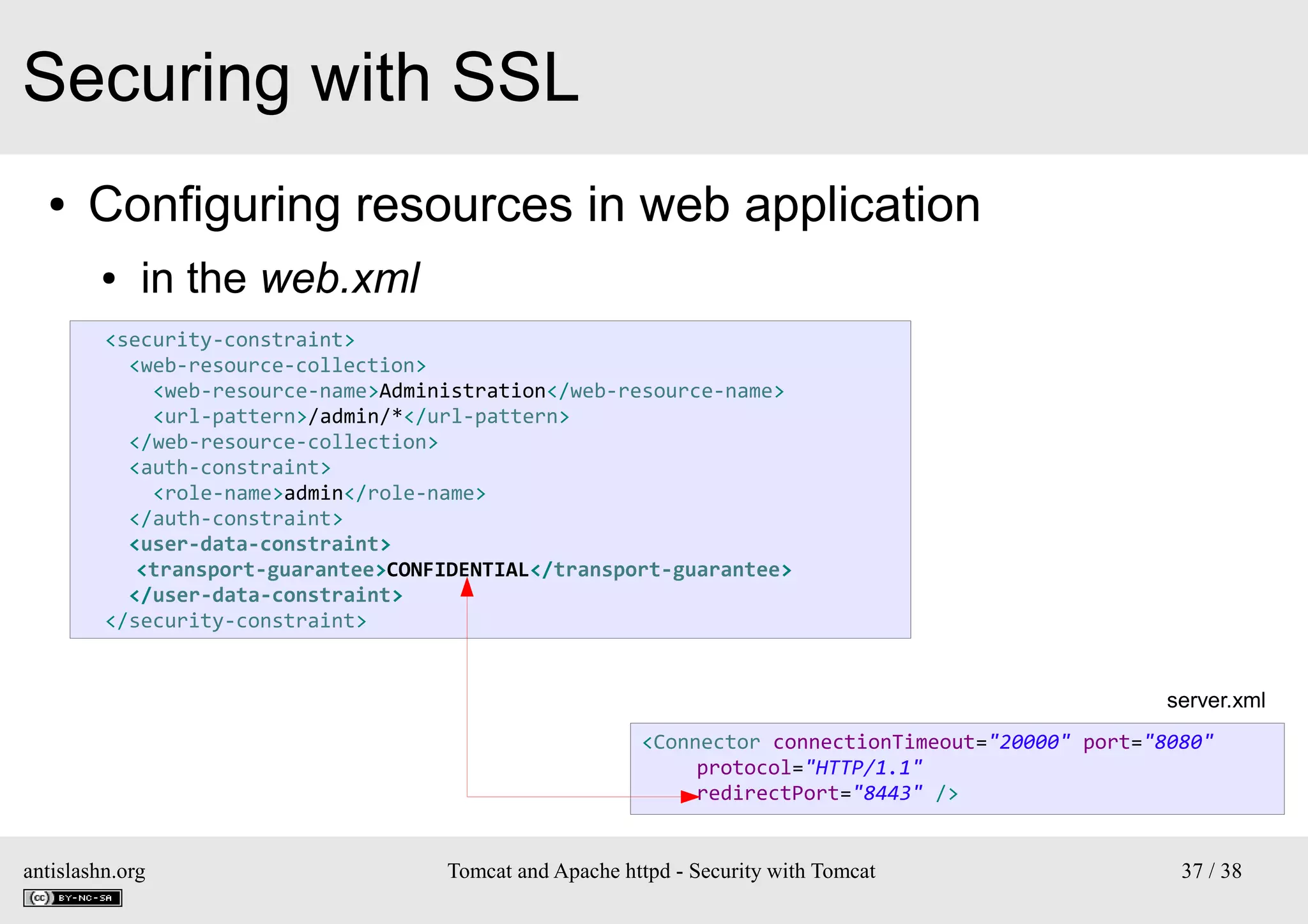 Securing with SSL
●

Configuring resources in web application
●

in the web.xml

<security-constraint>
<web-resource-collection>
<web-resource-name>Administration</web-resource-name>
<url-pattern>/admin/*</url-pattern>
</web-resource-collection>
<auth-constraint>
<role-name>admin</role-name>
</auth-constraint>
<user-data-constraint>
<transport-guarantee>CONFIDENTIAL</transport-guarantee>
</user-data-constraint>
</security-constraint>

server.xml
<Connector connectionTimeout="20000" port="8080"
protocol="HTTP/1.1"
redirectPort="8443" />
antislashn.org

Tomcat and Apache httpd - Security with Tomcat

37 / 38

 