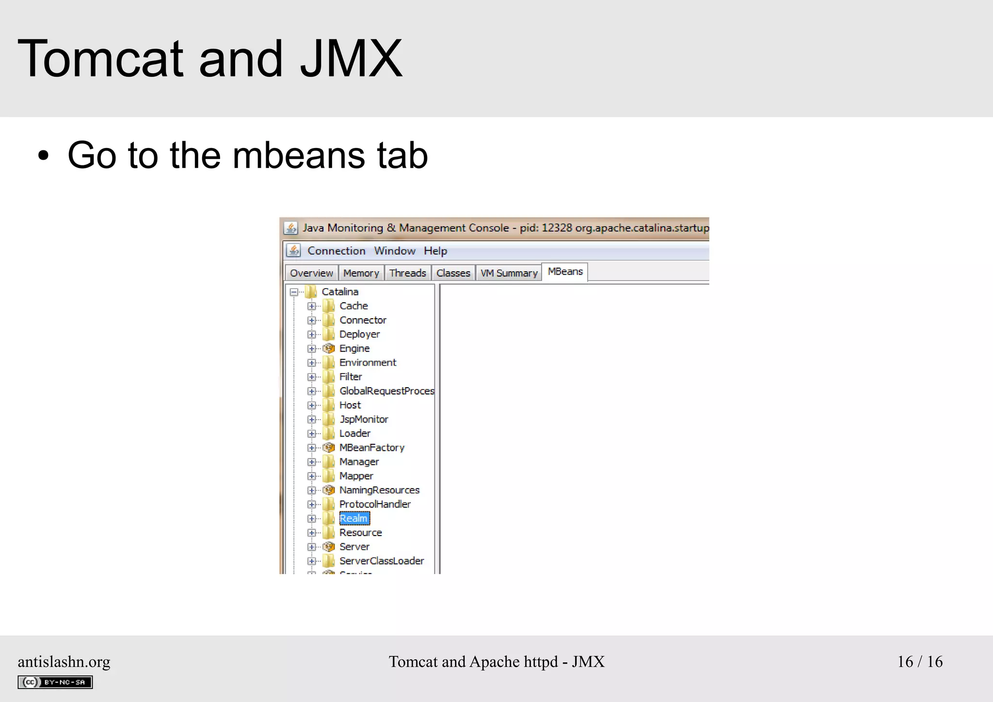Tomcat and JMX
●

Go to the mbeans tab

antislashn.org

Tomcat and Apache httpd - JMX

16 / 16

 
