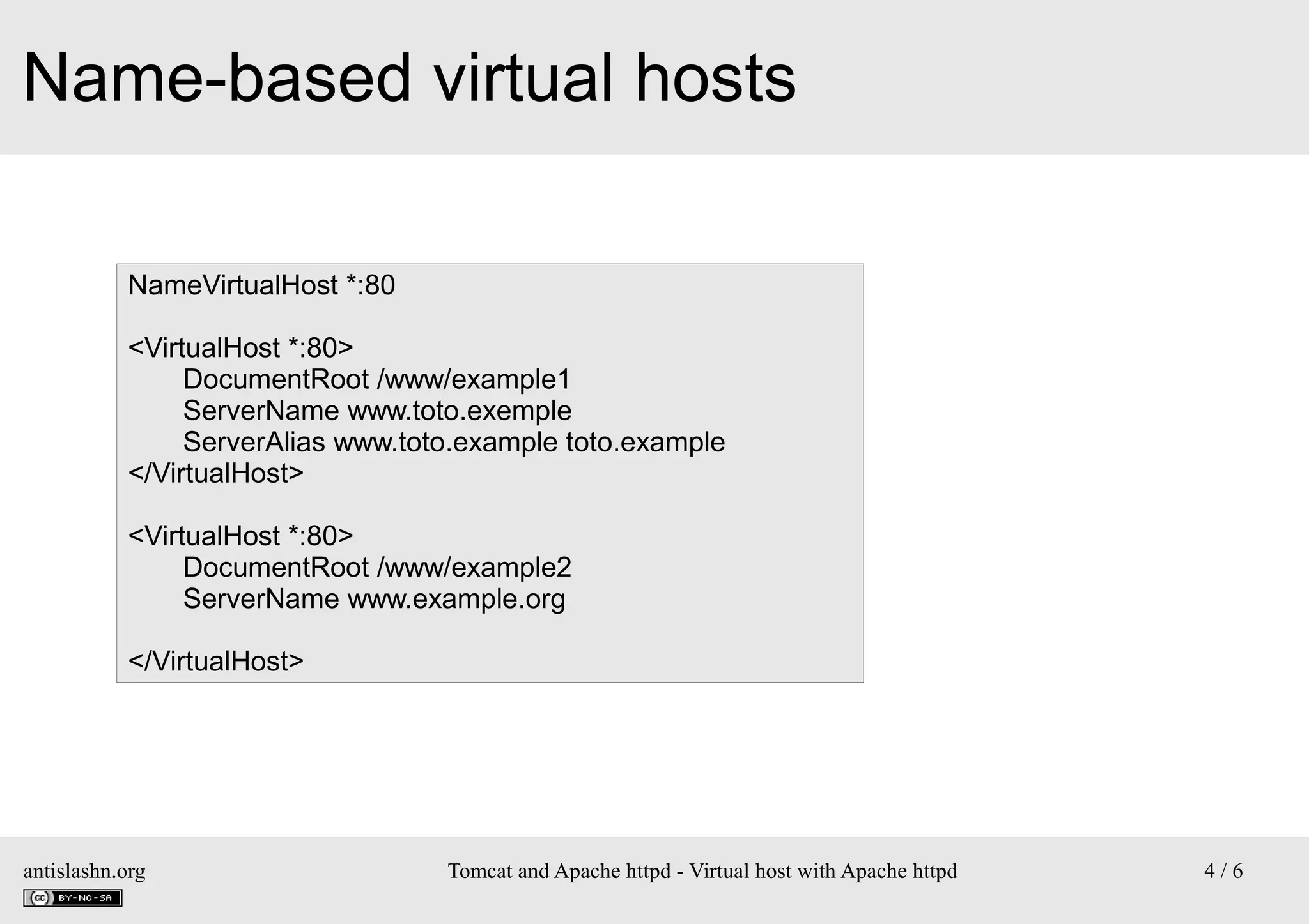 Name-based virtual hosts
NameVirtualHost *:80
<VirtualHost *:80>
DocumentRoot /www/example1
ServerName www.toto.exemple
ServerAlias www.toto.example toto.example
</VirtualHost>
<VirtualHost *:80>
DocumentRoot /www/example2
ServerName www.example.org
</VirtualHost>

antislashn.org

Tomcat and Apache httpd - Virtual host with Apache httpd

4/6

 