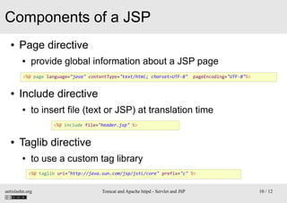 Components of a JSP
●

Page directive
●

provide global information about a JSP page

<%@ page language="java" contentType...
