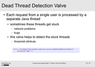 Dead Thread Detection Valve
●

Each request from a single user is processed by a
separate Java thread
●

sometimes these t...