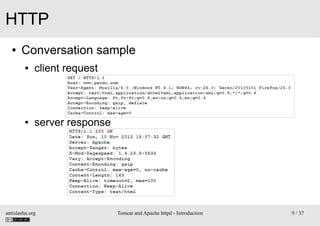 HTTP
●

Conversation sample
●

client request

●

server response

antislashn.org

Tomcat and Apache httpd - Introduction
...