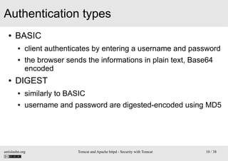 Authentication types
●

BASIC
●
●

●

client authenticates by entering a username and password
the browser sends the infor...