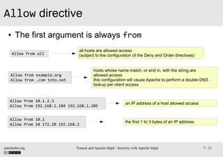 Allow directive
●

The first argument is always from
Allow from all

all hosts are allowed access
(subject to the configur...