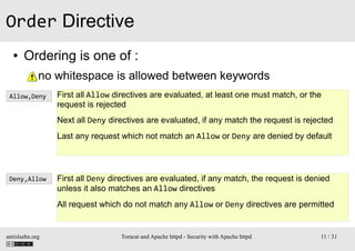 Order Directive
●

Ordering is one of :
●

no whitespace is allowed between keywords

Allow,Deny

First all Allow directiv...
