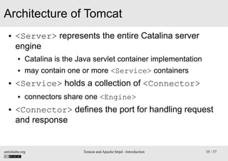 Architecture of Tomcat
●

<Server> represents the entire Catalina server
engine
●
●

●

Catalina is the Java servlet conta...