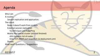 TM
202/10/17
AgendaAgenda
Who I am
A cluster:
Session replication and application.
The cloud:
Nope it doesn’t work from scratch.
External session replication
Via Infinispan and KubePing
Modify the tomcat cluster (still not finished)
AKA dynamic list of nodes
Only TCP. (8888 port exported via deployment.yml)
Demos
What next? Questions / Suggestions
 
