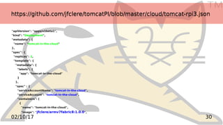 TM
3002/10/17
https://github.com/jfclere/tomcatPI/blob/master/cloud/tomcat-rpi3.jsonhttps://github.com/jfclere/tomcatPI/blob/master/cloud/tomcat-rpi3.json
"apiVersion": "apps/v1beta1",
"kind": "Deployment",
"metadata": {
"name": "tomcat-in-the-cloud"
},
"spec": {
"replicas": 2,
"template": {
"metadata": {
"labels": {
"app": "tomcat-in-the-cloud"
}
},
"spec" : {
"serviceAccountName": "tomcat-in-the-cloud",
"serviceAccount": "tomcat-in-the-cloud",
"containers": [
{
"name": "tomcat-in-the-cloud",
"image": "jfclere/armv7fabric8:1.0.0",
 
