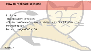 TM
702/10/17
How to replicate sessionsHow to replicate sessions
In cluster:
<distributable/> in web.xml
<Cluster className="org.apache.catalina.ha.tcp.SimpleTcpCluster"/>
Port upd 45564
Ports tcp range 4000:4100
 