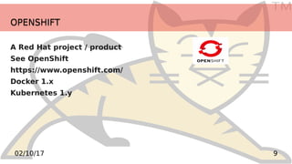 TM
902/10/17
OPENSHIFTOPENSHIFT
A Red Hat project / product
See OpenShift
https://www.openshift.com/
Docker 1.x
Kubernetes 1.y
 