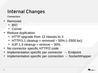 15
Internal Changes
Connectors
●
Removed
●
BIO
●
Comet
●
Reduce duplication
●
HTTP upgrade from 12 classes to 3
●
HTTP/1.1 cleanup = removed ~ 50% (~2500 loc)
●
AJP 1.3 cleanup = remove ~ 30%
●
No connector specific HTTP/2 code
●
Implementation specific per connector → Endpoint
●
Implementation specific per connection → SocketWrapper
 