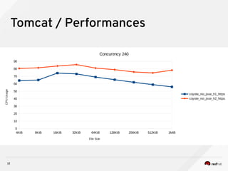 32
Tomcat / Performances
4KiB 8KiB 16KiB 32KiB 64KiB 128KiB 256KiB 512KiB 1MiB
0
10
20
30
40
50
60
70
80
90
Concurency 240
coyote_nio_jsse_h1_https
coyote_nio_jsse_h2_https
File Size
CPUUsage
 
