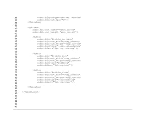 56
57
58
59
60
61
62
63
64
65
66
67
68
69
70
71
72
73
74
75
76
77
78
79
80
81
82
83
84
85
86
87
88
89
90
android:inputType="textEmailAddress"
android:layout_span="2" />
</TableRow>
<TableRow
android:layout_width="match_parent"
android:layout_height="wrap_content" >
<Button
android:id="@+id/bn_retrieve"
android:layout_width="wrap_content"
android:layout_height="wrap_content"
android:onClick="retrieveSampleData"
android:text="@string/retrieve" />
<Button
android:id="@+id/bn_post"
android:layout_width="wrap_content"
android:layout_height="wrap_content"
android:onClick="postData"
android:text="@string/post" />
<Button
android:id="@+id/bn_clear"
android:layout_width="wrap_content"
android:layout_height="wrap_content"
android:onClick="clearControls"
android:text="@string/clear" />
</TableRow>
</TableLayout>
 