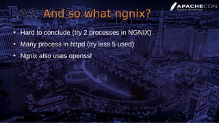 And so what ngnix?And so what ngnix?
●
Hard to conclude (try 2 processes in NGNIX)
●
Many process in httpd (try less 5 used)
●
Ngnix also uses openssl
9/19/19 25
 