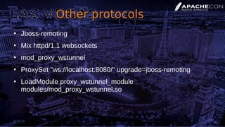 Other protocolsOther protocols
●
Jboss-remoting
●
Mix httpd/1.1 websockets
●
mod_proxy_wstunnel
●
ProxySet "ws://localhost:8080/" upgrade=jboss-remoting
●
LoadModule proxy_wstunnel_module
modules/mod_proxy_wstunnel.so
9/19/19 27
 