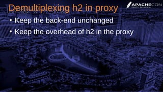 Demultiplexing h2 in proxy
●
Keep the back-end unchanged
●
Keep the overhead of h2 in the proxy
 