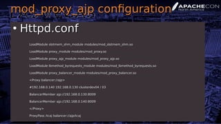 mod_proxy_ajp configurationmod_proxy_ajp configuration
●
Httpd.confHttpd.conf
LoadModule slotmem_shm_module modules/mod_sl...
