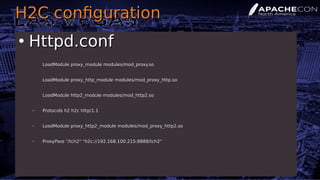 H2C configurationH2C configuration
●
Httpd.confHttpd.conf
LoadModule proxy_module modules/mod_proxy.soLoadModule proxy_mod...