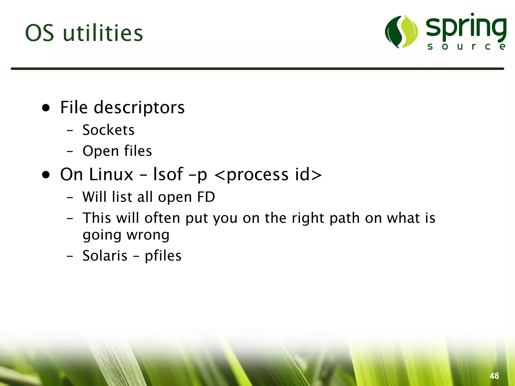 OS utilities


 • File descriptors
    – Sockets
    – Open files
 • On Linux – lsof –p <process id>
    – Will list all open FD
    – This will often put you on the right path on what is
      going wrong
    – Solaris – pfiles




                                                             48
 