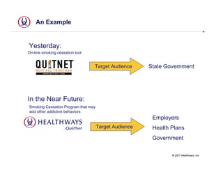 An Example


Yesterday:
On-line smoking cessation tool


                                 Target Audience       State Government




In the Near Future:
Smoking Cessation Program that may
add other addictive behaviors
                                                        Employers
                                     Target Audience    Health Plans
                                                        Government

                                                               © 2007 Healthways, Inc.
 