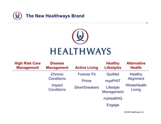 The New Healthways Brand




High Risk Care     Disease                        Healthy       Alternative
 Management      Management    Active Living     Lifestyles       Health
                   Chronic      Forever Fit       QuitNet          Healthy
                  Conditions                                      Alignment
                                   Prime         myePHIT
                   Impact                                      WholeHealth
                               SilverSneakers    Lifestyle
                  Conditions                                     Living
                                                Management
                                                myhealthIQ
                                                  Engage
                                                              © 2006 Healthways, Inc.
 