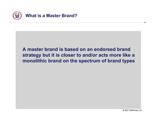 What is a Master Brand?




A master brand is based on an endorsed brand
strategy but it is closer to and/or acts more like a
monolithic brand on the spectrum of brand types




                                              © 2007 Healthways, Inc.
 
