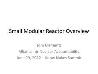 Small Modular Reactor Overview

              Tom Clements
   Alliance for Nuclear Accountability
  June 29, 2012 – Know Nukes Summit
 