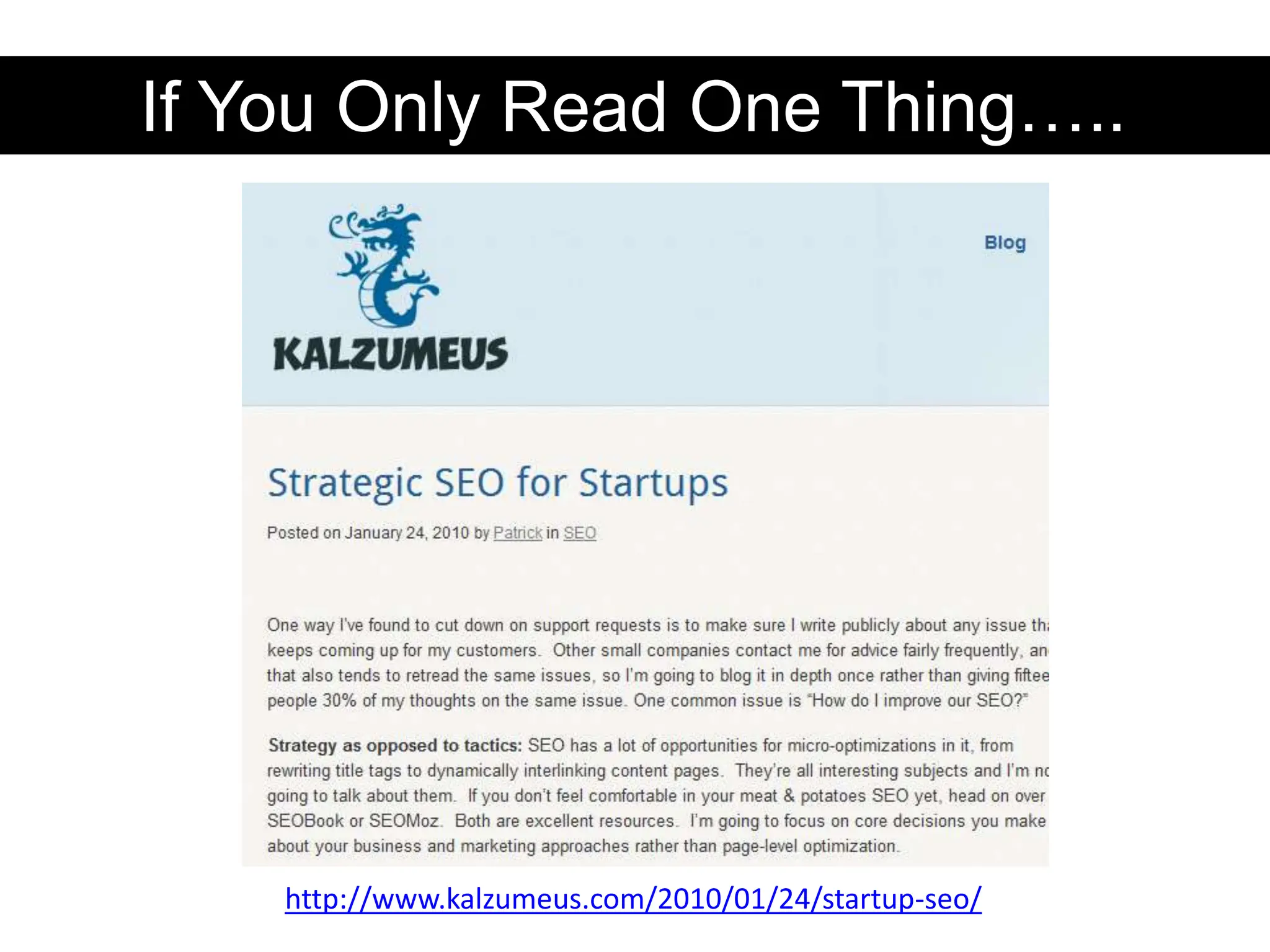 If You Only Read One Thing…..http://www.kalzumeus.com/2010/01/24/startup-seo/