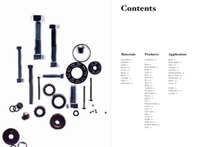 Contents




Materials      Products           Application
Cast Metal 6   Collection   50    Beat 94
Enamel 12                         Beat Vessel 97
Glass 16       Beat 54            Lean 98
Wood 20        Beat Vessels 56    Copper 99
Fluoro 24      Base 57            Fat Spot 103
Brass 28       Lean 59            Pressed Glass 104
Mirror 34      Spin 60            Block / Slab 105
Copper 36      Screw 61           Felt Shade 106
Steel 42       Link 62            Mirror 107
Aluminium 44   Spot 64            Cone 110
               Block 65
               Copper 66          Index 115
               Fat Spot 67        Distribution    115

               Blow Light 68      Credits   116
               Fluoro 69
               Mirror 70
               Felt 73
               Pressed Glass 74
               Punch 76
               Slab 78
               Tall Chair 81
               Pipe 82
               Cone 84
               Angle 86
               Fresh Fat 88
               Rubber Band 89
               Wire 90
 