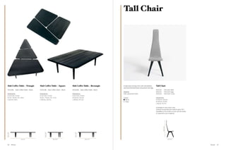 Tall Chair




 Slab Coffee Table – Triangle                     Slab Coffee Table – Square                        Slab Coffee Table – Rectangle                  A high back dining chair with upholstered    Tall Chair
                                                                                                                                                   seat and brushed black-lacquered oak legs.
 WOL01BL              Slab Coffee Table – Black   WOL02BL               Slab Coffee Table – Black   WOL04BL            Slab Coffee Table – Black                                                WOC03           Tall Chair Shell
                                                                                                                                                   Material                                     WOC02           Tall Chair Legs
 Dimensions                                       Dimensions                                        Dimensions                                     Oak, plywood, foam                           WOC04           Tall Chair Cover
 H 32.5 cm / 12.8 in                              H 32.5 cm / 12.8 in                               H 32.5 cm / 12.8 in
 W 25 – 60 cm / 10 – 24 in                        W 64 – 79 cm / 25 – 31 in                         W 60 cm / 23.6 in                              Colour                                       Dimensions
 L 162 cm / 64 in                                 L 100 cm / 38.5 in                                L 120 cm / 47.2 in                               Black                                      H 128 cm / 50.4 in
                                                                                                                                                     Grey                                       W 40 cm / 15.8 in
                                                                                                                                                                                                L 50 cm / 19.7 in

                                                                                                                                                                                                Available in one colour only:
                                                                                                                                                                                                Gabriel Tucana Boucle natural / grey 1103
                                                                                                                                                                                                Quantities of 30 chairs or over can be made
                                                                                                                                                                                                in customer’s own material.




                                                                                                                                                                                                           128 / 50.4”
32.5 / 12.8”




                                                         32.5 / 12.8”




                                                                                                        32.5 / 12.8”




                             162 / 64”                                         100 / 38.5”                                   120 / 47.2”                                                                                 50 / 19.7”




 80            Wood                                                                                                                                                                                                                           Wood   81
 