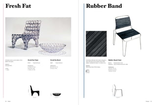 Fresh Fat                                                                                        Rubber Band




Extruded hand-woven plastic which   Fresh Fat Chair                Fresh Fat Bowl                A stacking café style chair made with galva-   Rubber Band Chair
glistens like glass.                                                                             nised mild steel and durable black EPDM
                                    FF001        Fresh Fat Chair   FB011        Fresh Fat Bowl   rubber. Suitable for indoor or outdoor use.    RBC02               Rubber Band Chair
Material                                                                                                                                        RUB0002             Spare Rubber Bands (45 units)
Extruded PETG                       Dimensions                     Dimensions                    Material
                                    H 70 cm / 27.5 in              Ø 55 cm / 21.7 in             Galvanised steel, EPDM rubber                  Dimensions
Colour                              W 56 cm / 22 in                H 15 cm / 5.9 in                                                             H 83 cm / 32.7 in
  Clear                             L 70 cm / 27.5 in                                            Colour                                         W 60 cm / 23.6 in
                                                                                                   Black                                        L 60 cm / 23.6 in
                                                                                                   Steel




                                                                                                                                                       83 / 32.7”
                                    70 / 27.5”




                                                                   15 / 5.9”




                                                 70 / 27.5”                    55 / 21.7”                                                                                60 / 23.6”




88   Plastic                                                                                                                                                                                        Rubber   89
 