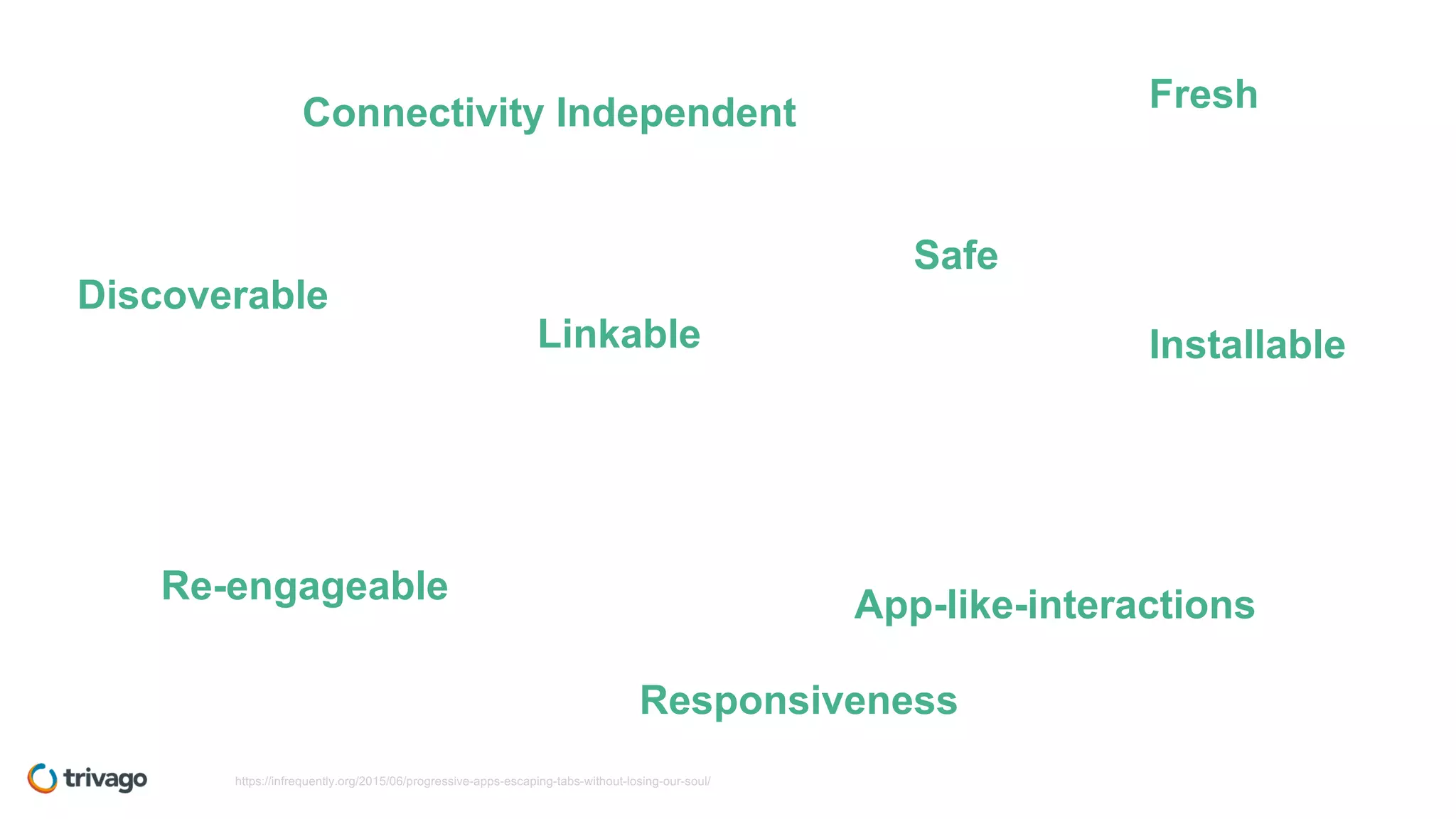 Linkable
Responsiveness
Installable
Fresh
Safe
Discoverable
Re-engageable
https://infrequently.org/2015/06/progressive-apps-escaping-tabs-without-losing-our-soul/
Connectivity Independent
App-like-interactions
 