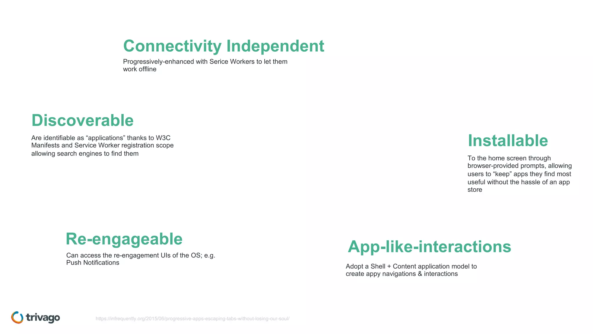 Installable
Connectivity Independent
App-like-interactionsRe-engageable
https://infrequently.org/2015/06/progressive-apps-escaping-tabs-without-losing-our-soul/
Adopt a Shell + Content application model to
create appy navigations & interactions
Are identifiable as “applications” thanks to W3C
Manifests and Service Worker registration scope
allowing search engines to find them
Discoverable
Can access the re-engagement UIs of the OS; e.g.
Push Notifications
Progressively-enhanced with Serice Workers to let them
work offline
To the home screen through
browser-provided prompts, allowing
users to “keep” apps they find most
useful without the hassle of an app
store
 