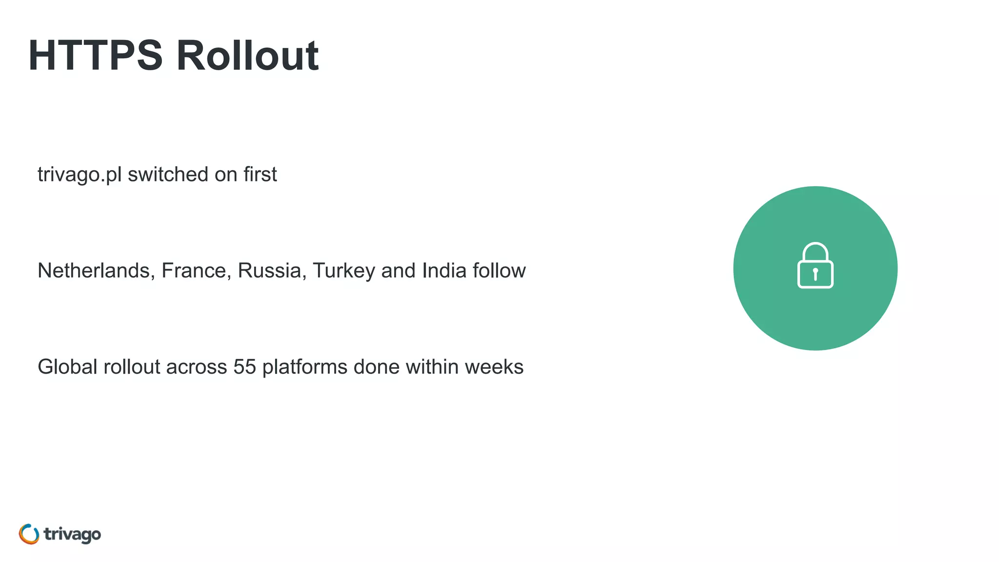 HTTPS Rollout
trivago.pl switched on first
Netherlands, France, Russia, Turkey and India follow
Global rollout across 55 platforms done within weeks
 